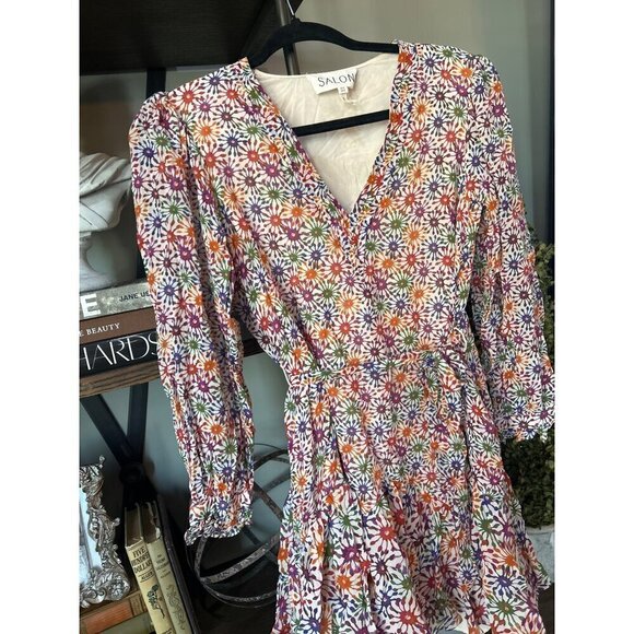 Saloni Franca Silk Floral Print Mini Wrap Dress Red Cream Womens Size 6 - Picture 9 of 13